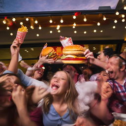 Modify previous image to the extreme: The person's bliss transcends into pure exuberance. Their face lights up with the ultimate expression of ecstasy, radiating pure joy that reverberates through the scene. McDonald's meal too, seems to join this celebration.