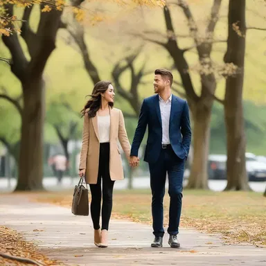 As they strolled hand in hand through the park, the couple smiled mirthfully at each other, their joy evident in their eyes.