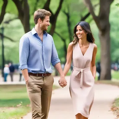 As they strolled hand in hand through the park, the couple smiled mirthfully at each other, their joy evident in their eyes.