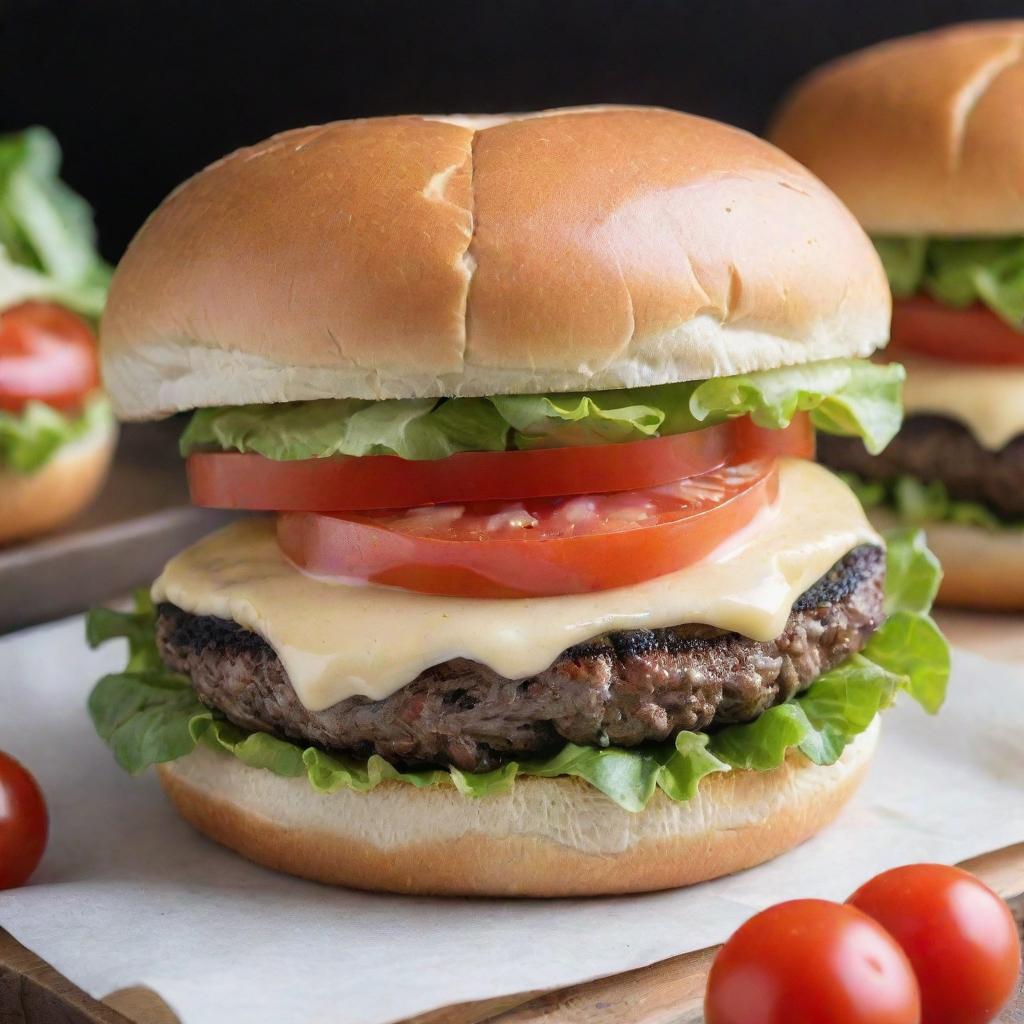 A succulent cheeseburger with a perfectly grilled patty, melted cheese dribbling over it, crisp fresh lettuce, juicy ripe tomatoes, subtle mayo spread, all nestled between soft, golden-brown buns.