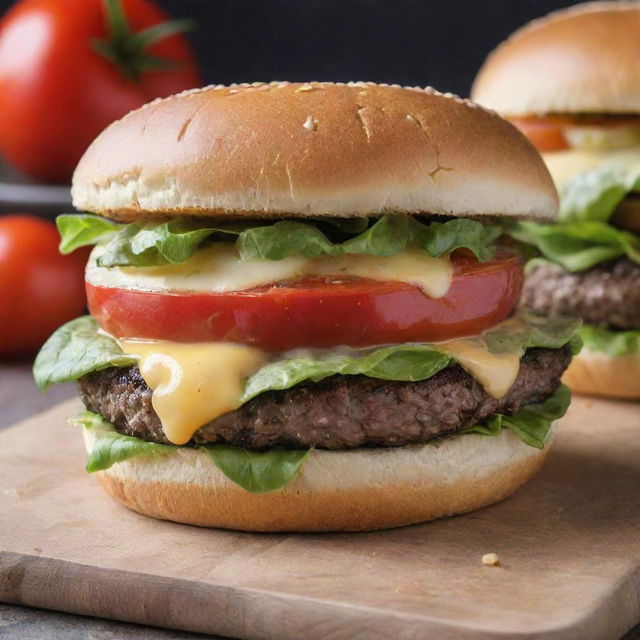 A succulent cheeseburger with a perfectly grilled patty, melted cheese dribbling over it, crisp fresh lettuce, juicy ripe tomatoes, subtle mayo spread, all nestled between soft, golden-brown buns.