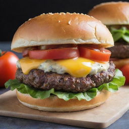 A succulent cheeseburger with a perfectly grilled patty, melted cheese dribbling over it, crisp fresh lettuce, juicy ripe tomatoes, subtle mayo spread, all nestled between soft, golden-brown buns.