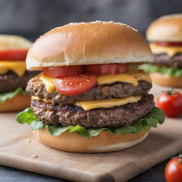 A succulent cheeseburger with a perfectly grilled patty, melted cheese dribbling over it, crisp fresh lettuce, juicy ripe tomatoes, subtle mayo spread, all nestled between soft, golden-brown buns.