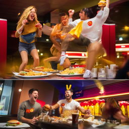 Modify previous image to the extreme: The person's bliss transcends into pure exuberance. Their face lights up with the ultimate expression of ecstasy, radiating pure joy that reverberates through the scene. McDonald's meal too, seems to join this celebration.