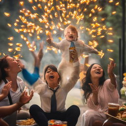 Modify previous image to the extreme: The person's bliss transcends into pure exuberance. Their face lights up with the ultimate expression of ecstasy, radiating pure joy that reverberates through the scene. McDonald's meal too, seems to join this celebration.