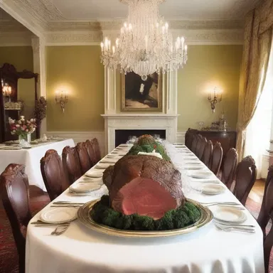 The elegant dining room featured a grand table with a polished silver platter displaying a perfectly cooked rump roast.