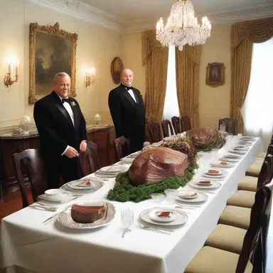The elegant dining room featured a grand table with a polished silver platter displaying a perfectly cooked rump roast.