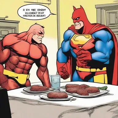 As the superhero battled the villain, he jokingly asked if he should fetch a rump roast for their battle's end feast.