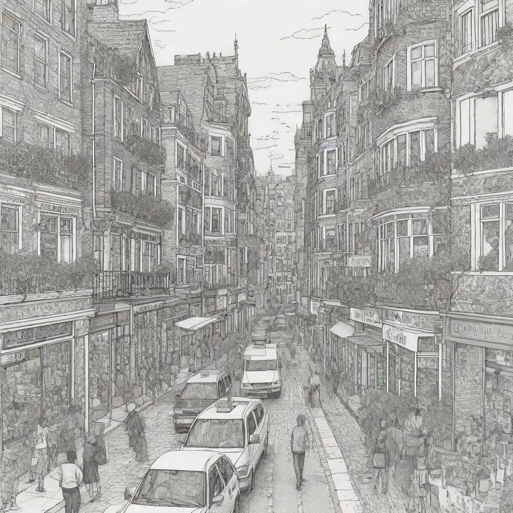 A black and white colouring page filled with intricate doodles of city life. The image should be a detailed line drawing, featuring only sharp, black outlines against a clean, white background.