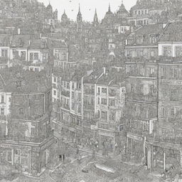 A black and white colouring page filled with intricate doodles of city life. The image should be a detailed line drawing, featuring only sharp, black outlines against a clean, white background.