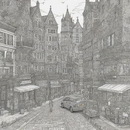 A black and white colouring page filled with intricate doodles of city life. The image should be a detailed line drawing, featuring only sharp, black outlines against a clean, white background.