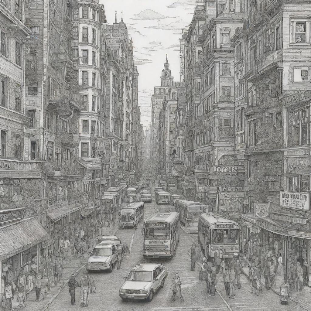 A detailed, colorable image of a bustling city scene. The image should allow for future coloring, featuring intricate outlines and designs.