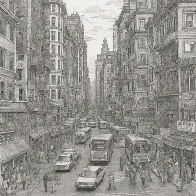 A detailed, colorable image of a bustling city scene. The image should allow for future coloring, featuring intricate outlines and designs.