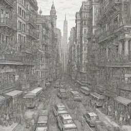 A detailed, colorable image of a bustling city scene. The image should allow for future coloring, featuring intricate outlines and designs.