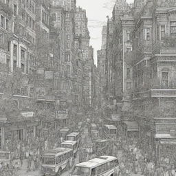 A detailed, colorable image of a bustling city scene. The image should allow for future coloring, featuring intricate outlines and designs.