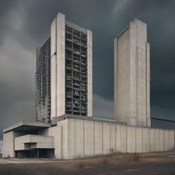 The Brutalist industrial megastructure now appears smaller against an ominous, sullen sky, its surroundings shrouded in moody darkness, casting an atmospheric shroud that enhances its stark and uncompromising presence.