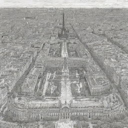 An intricate, highly detailed, black and white colouring page featuring iconic sights of Paris, such as the Eiffel Tower, Louvre, and Notre Dame. The image should be clear, with strong outlines for colouring.