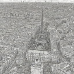 An intricate, highly detailed, black and white colouring page featuring iconic sights of Paris, such as the Eiffel Tower, Louvre, and Notre Dame. The image should be clear, with strong outlines for colouring.