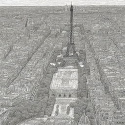 An intricate, highly detailed, black and white colouring page featuring iconic sights of Paris, such as the Eiffel Tower, Louvre, and Notre Dame. The image should be clear, with strong outlines for colouring.