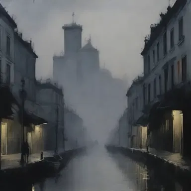 The artist masterfully painted a picture with a murky atmosphere, using contrasting shades of black and grey.