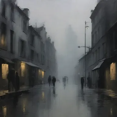 The artist masterfully painted a picture with a murky atmosphere, using contrasting shades of black and grey.