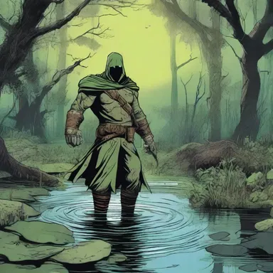 In the comic book, the hero courageously fought a villain in a murky swamp, where the water was cloudy and difficult to see through.