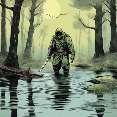 In the comic book, the hero courageously fought a villain in a murky swamp, where the water was cloudy and difficult to see through.