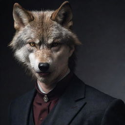 A substantial wolf where one side of its head morphs seamlessly into a handsome human face, standing side by side with a distinguished male vampire.