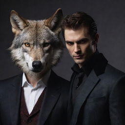 A substantial wolf where one side of its head morphs seamlessly into a handsome human face, standing side by side with a distinguished male vampire.