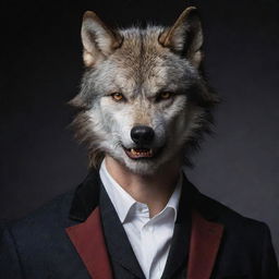 A substantial wolf where one side of its head morphs seamlessly into a handsome human face, standing side by side with a distinguished male vampire.