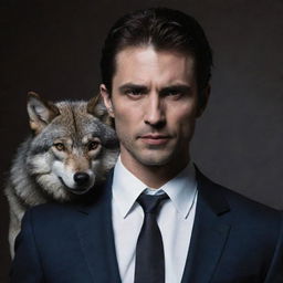 A substantial wolf where one side of its head morphs seamlessly into a handsome human face, standing side by side with a distinguished male vampire.