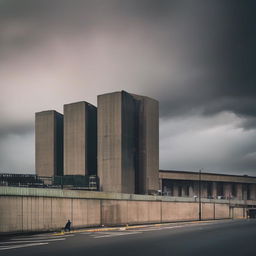 The Brutalist industrial megastructure now appears smaller against an ominous, sullen sky, its surroundings shrouded in moody darkness, casting an atmospheric shroud that enhances its stark and uncompromising presence.