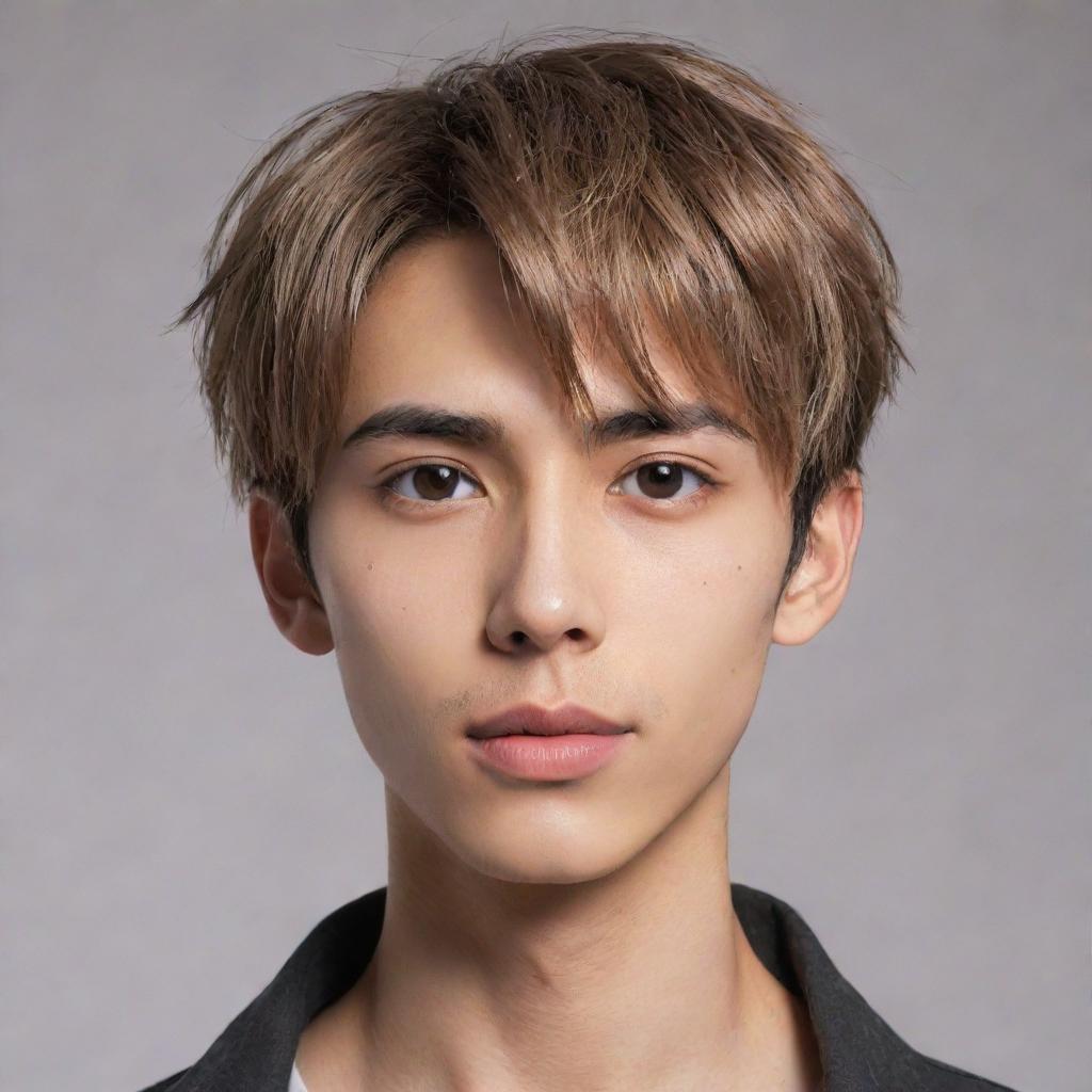 An anime-styled boy with sharp jawline, light brown skin, eyes resembling a hunter's, heart-shaped lips, a pointy nose, flirty expression. His short, straight hair, thin eyebrows and average forehead complement his allure.