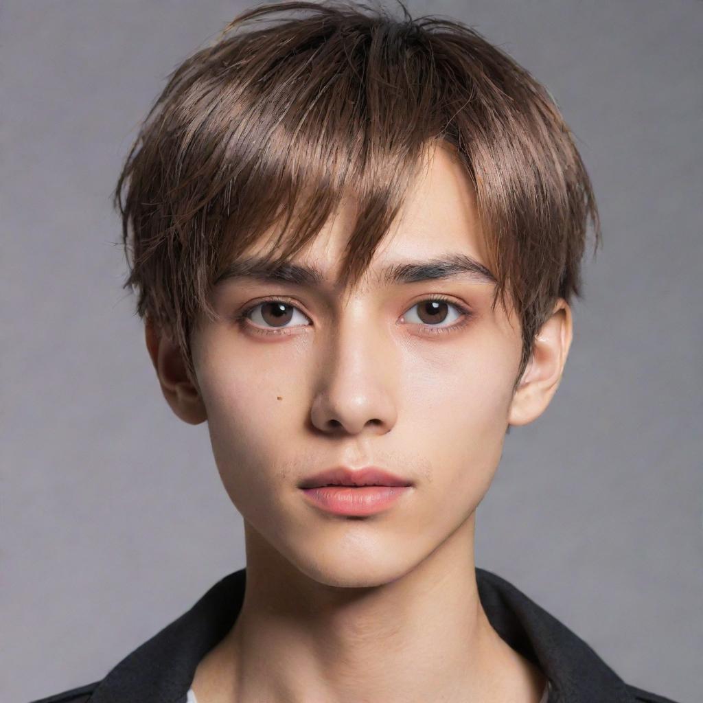 An anime-styled boy with sharp jawline, light brown skin, eyes resembling a hunter's, heart-shaped lips, a pointy nose, flirty expression. His short, straight hair, thin eyebrows and average forehead complement his allure.