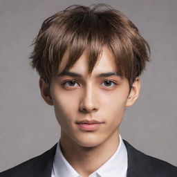 An anime-styled boy with sharp jawline, light brown skin, eyes resembling a hunter's, heart-shaped lips, a pointy nose, flirty expression. His short, straight hair, thin eyebrows and average forehead complement his allure.