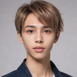 An anime-styled boy with sharp jawline, light brown skin, eyes resembling a hunter's, heart-shaped lips, a pointy nose, flirty expression. His short, straight hair, thin eyebrows and average forehead complement his allure.