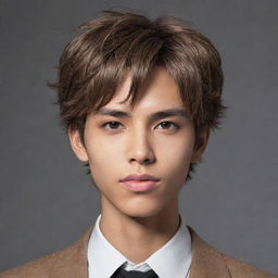 Amend the previous image to portrait an anime-styled boy with a sharper jawline, darker light brown skin, keen hunter-like eyes, heart-shaped lips, pointy nose with a flirty demeanor. Update his hair to be even shorter.