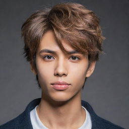 Amend the previous image to portrait an anime-styled boy with a sharper jawline, darker light brown skin, keen hunter-like eyes, heart-shaped lips, pointy nose with a flirty demeanor. Update his hair to be even shorter.