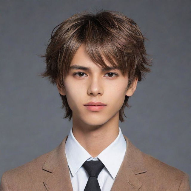 Amend the previous image to portrait an anime-styled boy with a sharper jawline, darker light brown skin, keen hunter-like eyes, heart-shaped lips, pointy nose with a flirty demeanor. Update his hair to be even shorter.