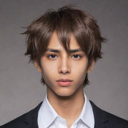 Amend the previous image to portrait an anime-styled boy with a sharper jawline, darker light brown skin, keen hunter-like eyes, heart-shaped lips, pointy nose with a flirty demeanor. Update his hair to be even shorter.