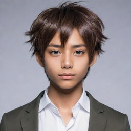 Modify the existing image of an anime-styled boy to have even shorter hair and a slightly darker shade of brown skin. Preserve his sharp jawline, hunter-like eyes, heart-shaped lips and pointy nose.