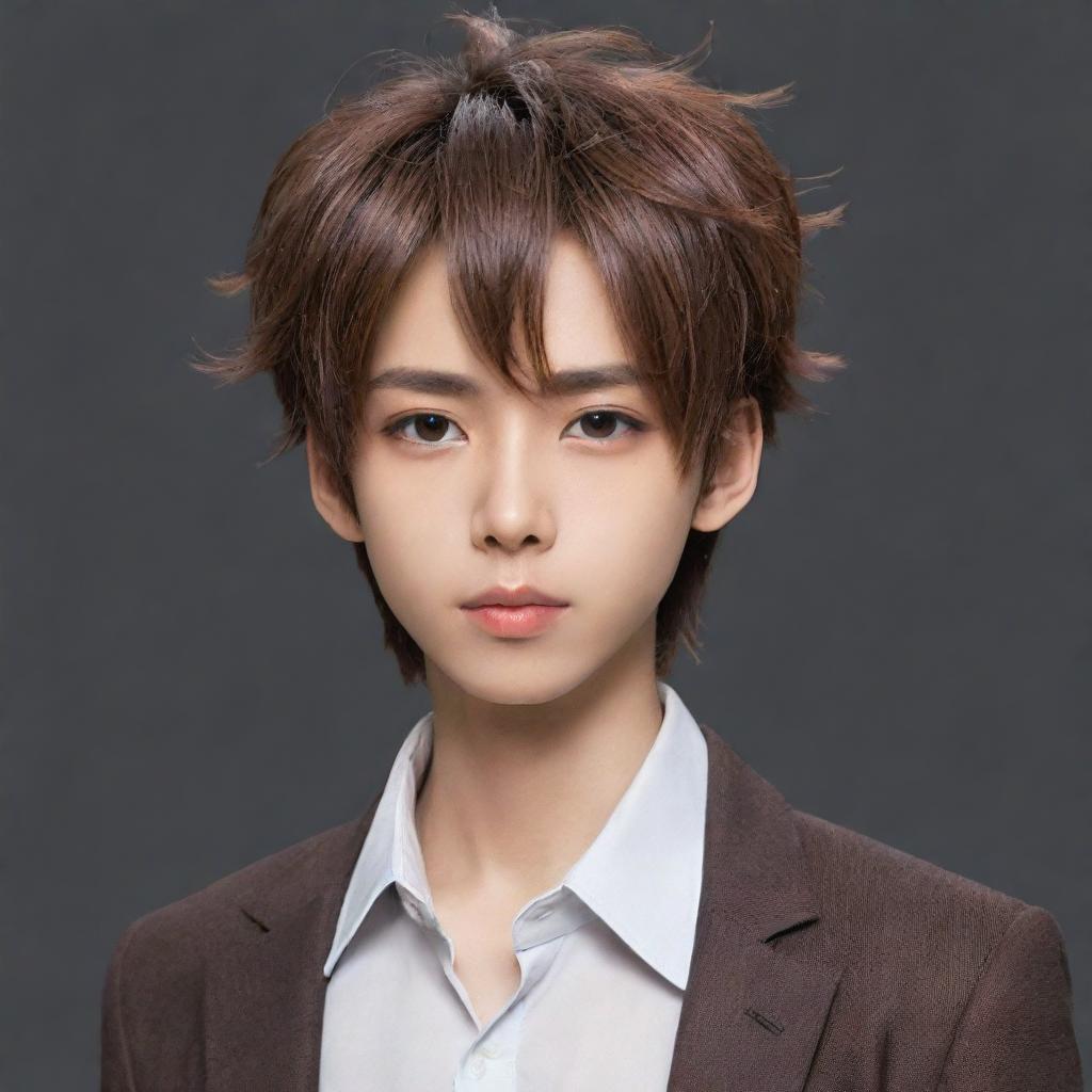 Modify the existing image of an anime-styled boy to have even shorter hair and a slightly darker shade of brown skin. Preserve his sharp jawline, hunter-like eyes, heart-shaped lips and pointy nose.