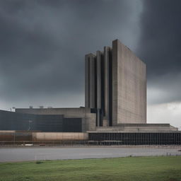 The Brutalist industrial megastructure now appears smaller against an ominous, sullen sky, its surroundings shrouded in moody darkness, casting an atmospheric shroud that enhances its stark and uncompromising presence.