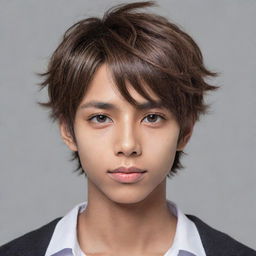 Modify the existing image of an anime-styled boy to have even shorter hair and a slightly darker shade of brown skin. Preserve his sharp jawline, hunter-like eyes, heart-shaped lips and pointy nose.