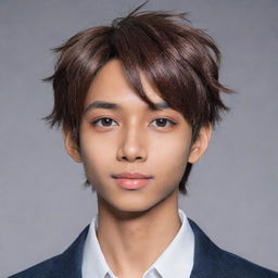 Modify the existing image of an anime-styled boy to have even shorter hair and a slightly darker shade of brown skin. Preserve his sharp jawline, hunter-like eyes, heart-shaped lips and pointy nose.