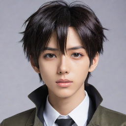 Update the anime boy's image to now have short, black hair while retaining his slightly darker light brown skin, sharp jawline, intense hunter-like eyes, heart-shaped lips, and pointy nose.