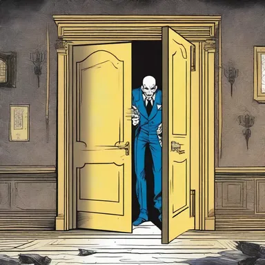As the villain swung open the creaky door, the squealing sound echoed through the eerie mansion in the comic book.