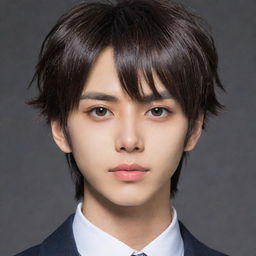 Update the anime boy's image to now have short, black hair while retaining his slightly darker light brown skin, sharp jawline, intense hunter-like eyes, heart-shaped lips, and pointy nose.