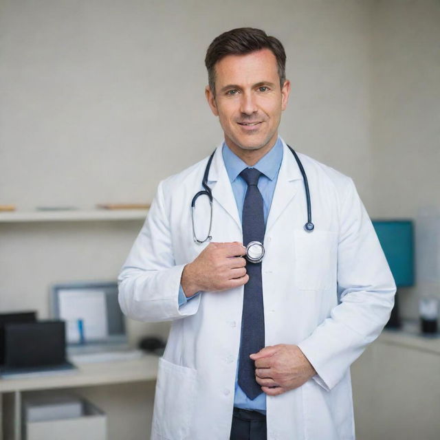 A professional male doctor with a visibly pregnant belly, wearing a white coat, holding a stethoscope. He is in a medical office filled with medical equipment.