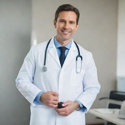 A professional male doctor with a visibly pregnant belly, wearing a white coat, holding a stethoscope. He is in a medical office filled with medical equipment.